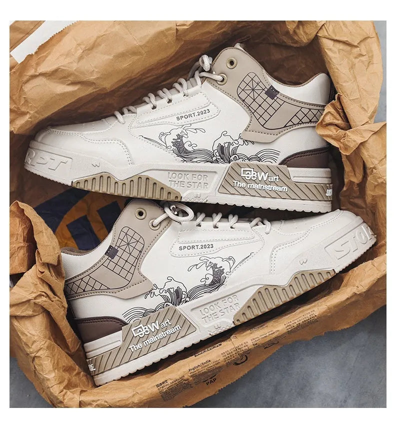 Men's beige high-top board shoes with mesh lining and rubber sole