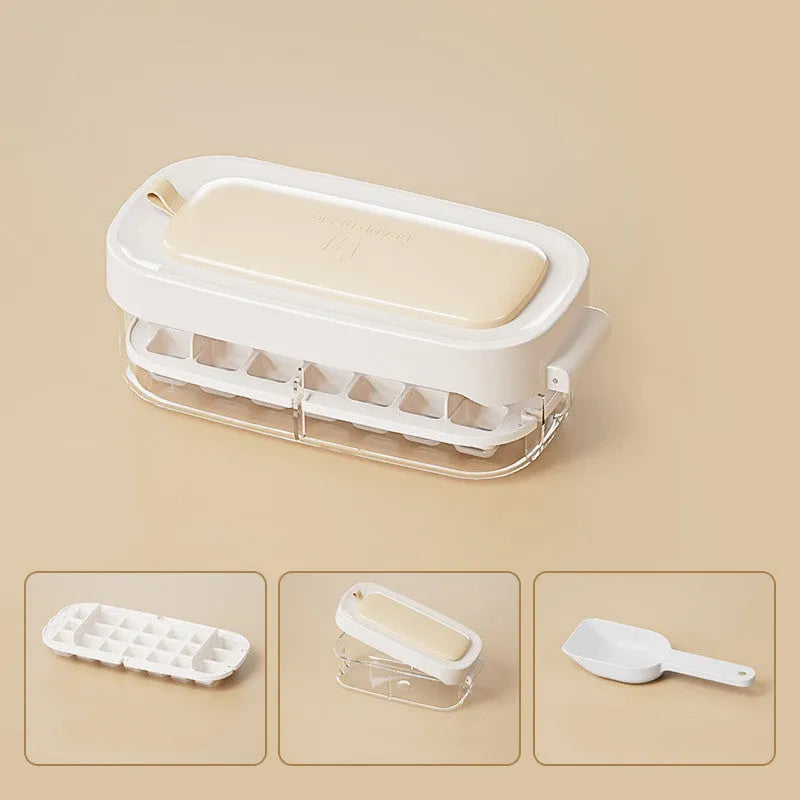 High-capacity plastic ice cube tray with ice shovel in blue, green, purple, or yellow colour options.