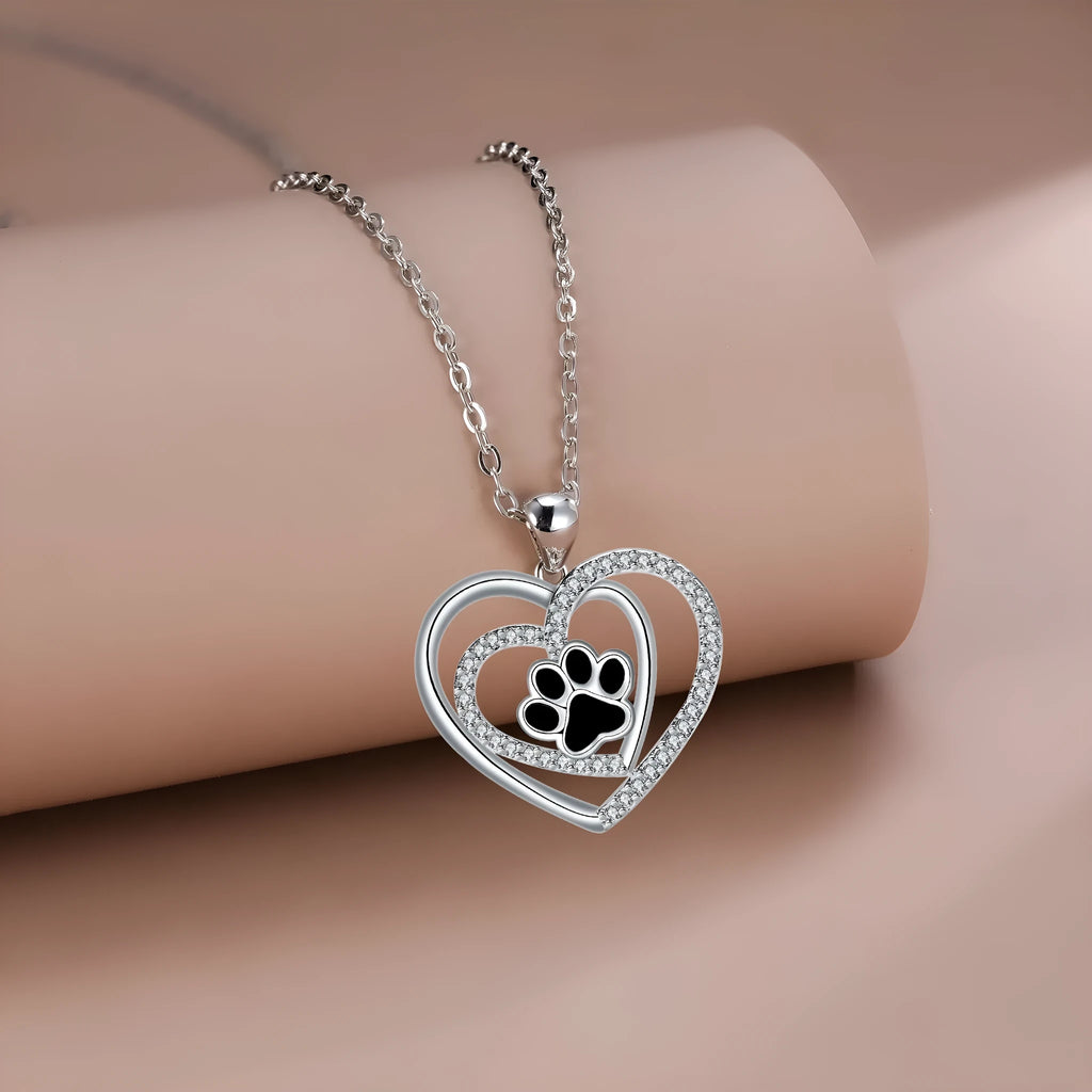 Women's copper dog paw heart necklace with cross chain in electroplated finish