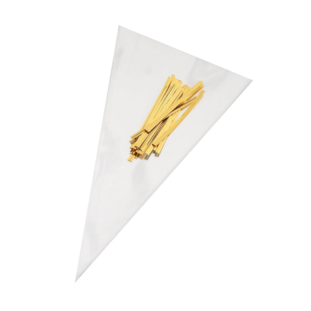 Clear triangle-shaped plastic packaging bag with a white tie wire closure, shown in three different sizes.