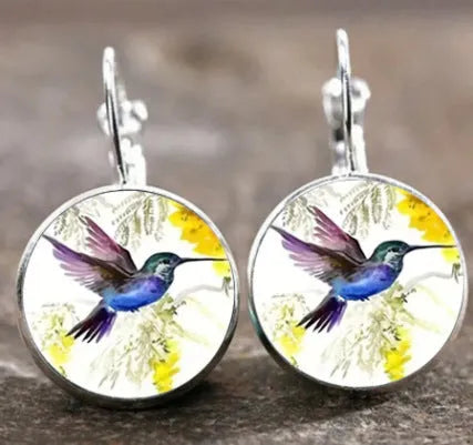 Flying hummingbird time stone glass fashion earrings for women, five style options, gem glass inlay