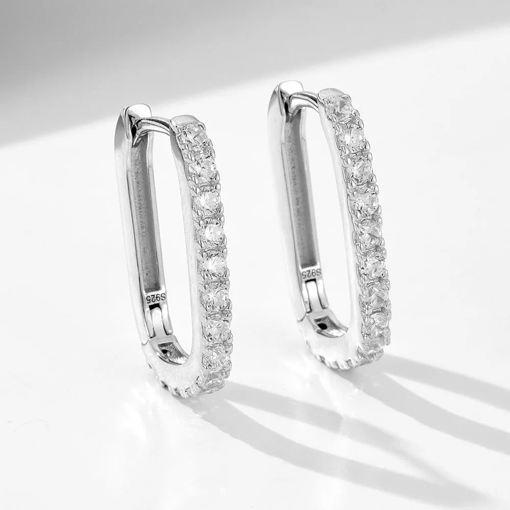 S925 sterling silver oval zircon ear clips with geometric quadrilateral design