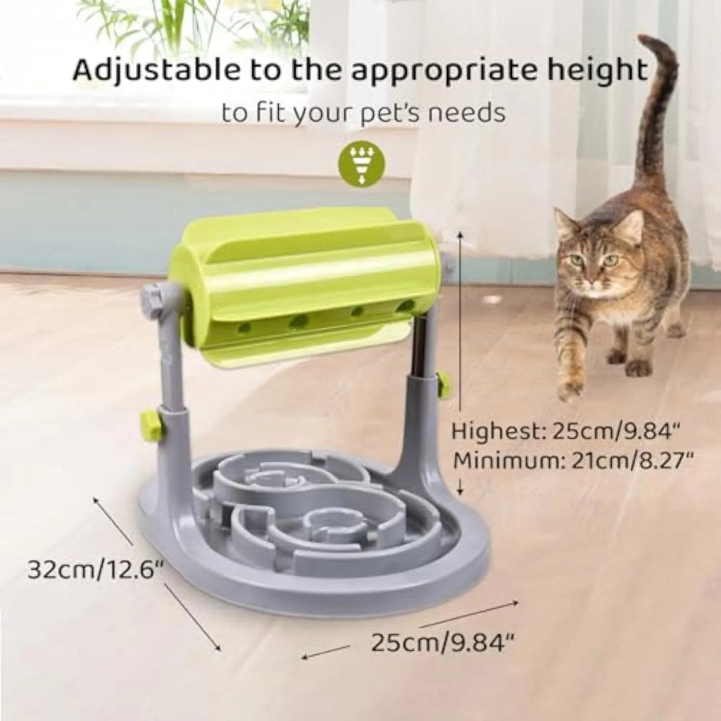Blue interactive slow feeder puzzle bowl for pets with raised patterns and adjustable height