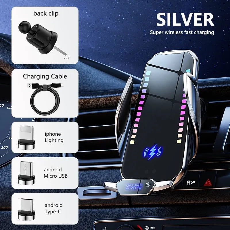 Silver car mobile phone holder with 15W wireless charging and electric clamping on a car dashboard.