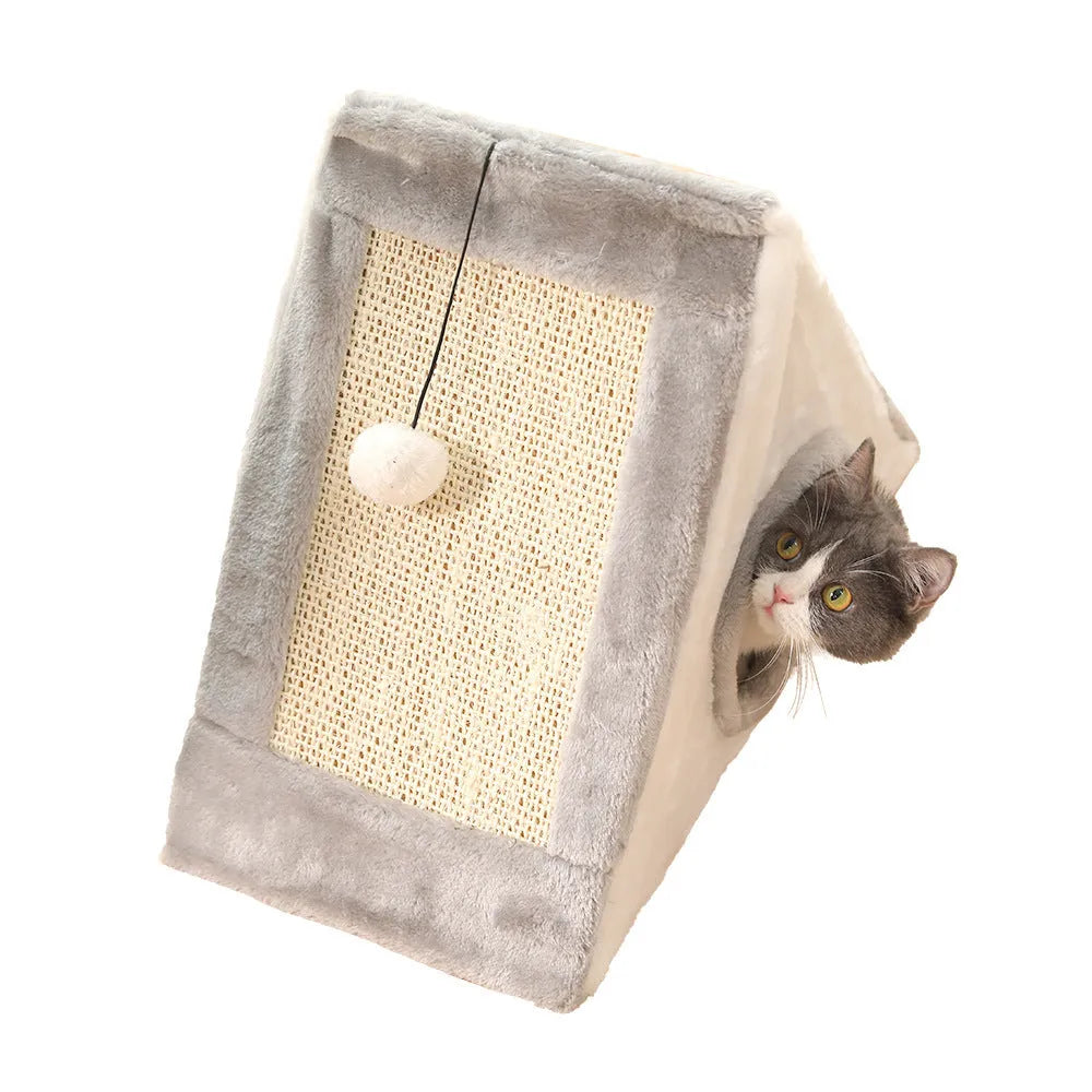 A grey and white triangular cat toy with a sisal scratching side and a soft plush bed.