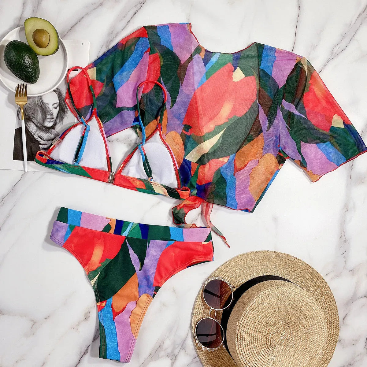 Red women's printed split swimsuit in nylon fabric for swimming and wading sports