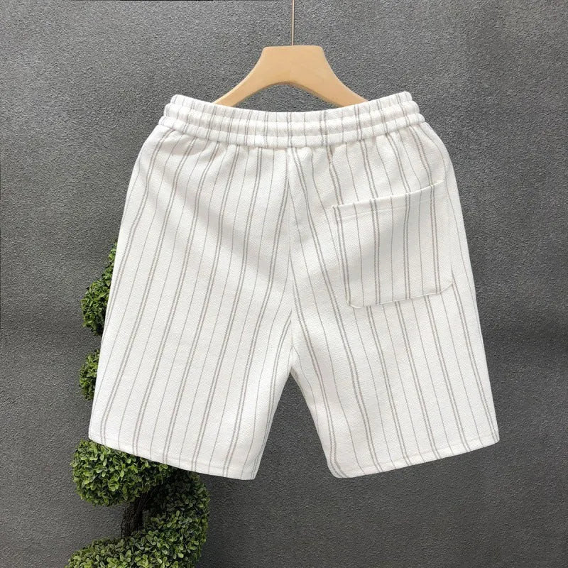 Men's black and white striped fleece-lined casual shorts with a double-layer waistband.