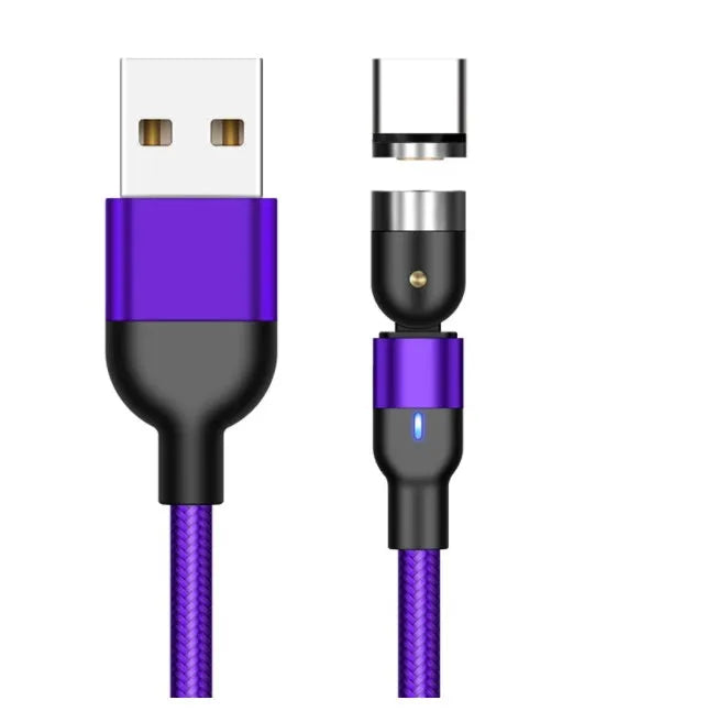 Essager black magnetic USB cable with rotating head and blue LED light, shown connecting to a phone.