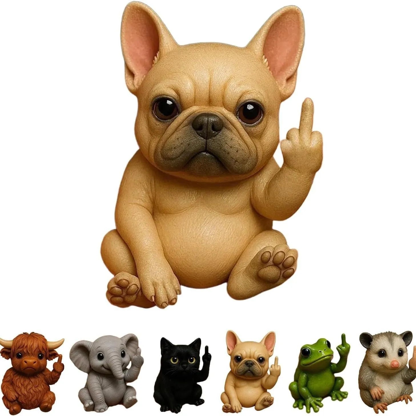 Mini resin animal middle finger ornament doll showing vertical gesture, available in seven animal styles