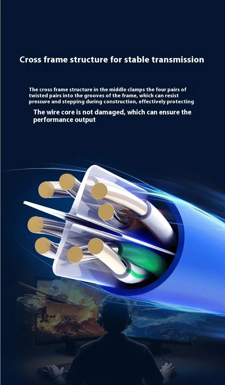 A box of blue 305-metre long Cat6/Cat6a oxygen-free copper network cable on a reel.