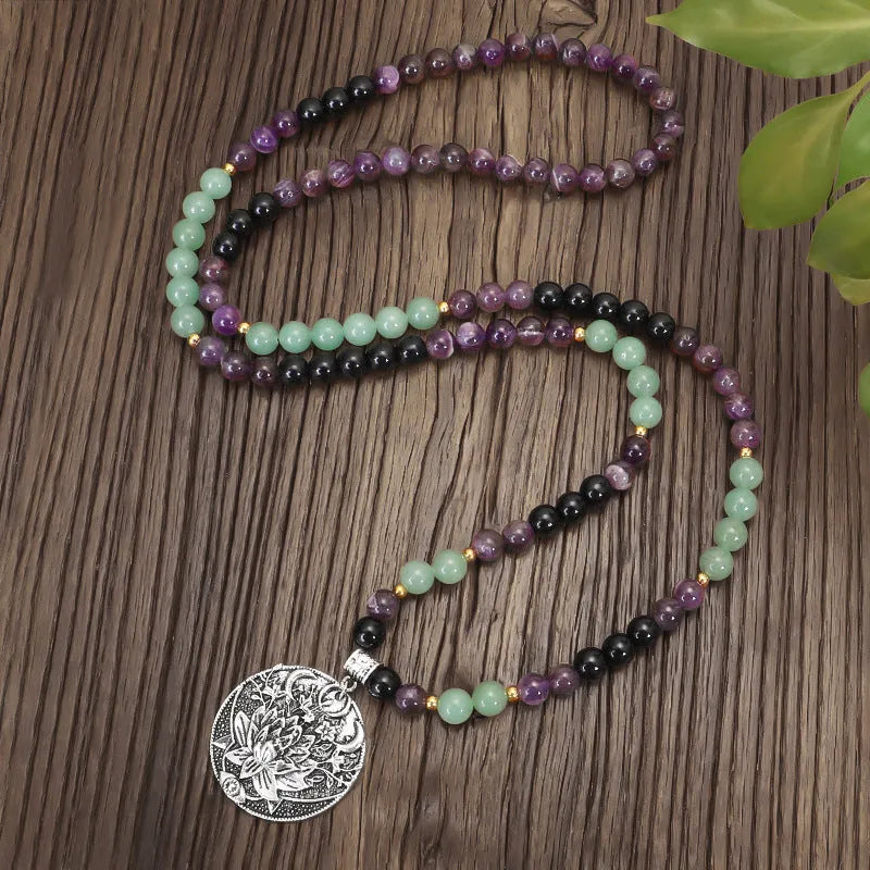 Yoga lotus pendant necklace with stone beads and matching bracelet set
