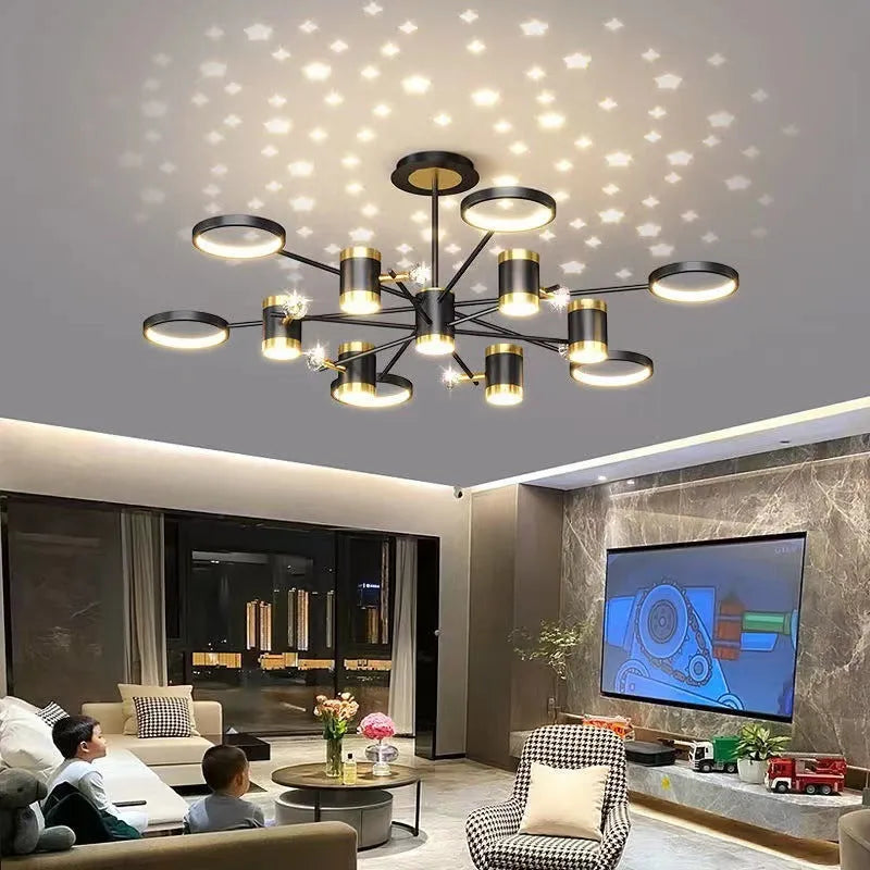 Black iron pendant chandelier with 13 light heads in Nordic star design