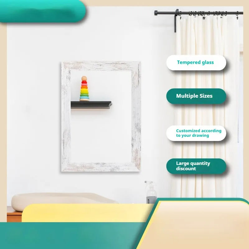 Wall-mounted bathroom dressing mirror with retro Chinese style MDF frame in small old white colour