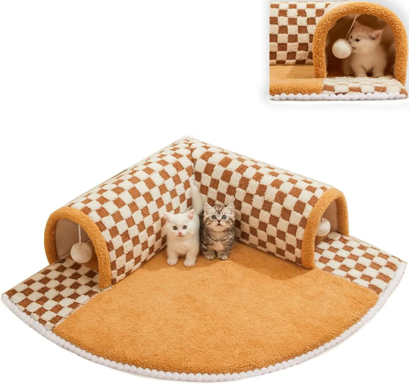 Brown plaid cat tunnel bed with central mat, showing non-slip bottom and large XL size.
