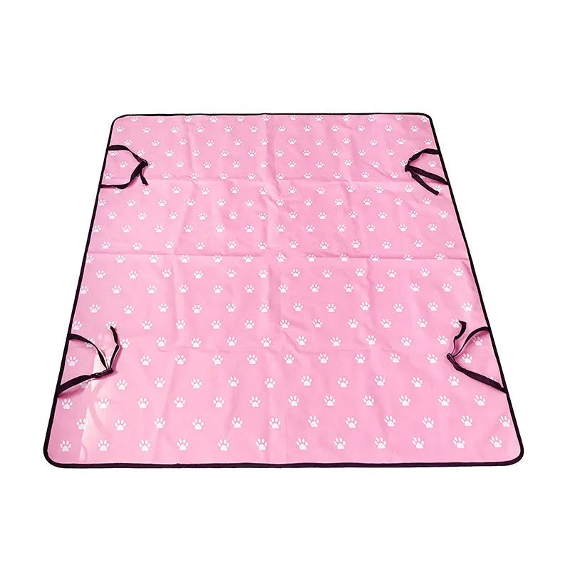Waterproof cloth car pet mat for rear seat with dog bone print design on a grey background.