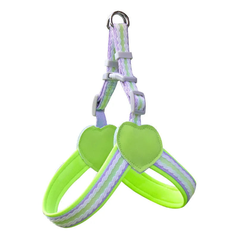 Nylon dog walking vest chest strap with attached rope in emerald green on a dog.