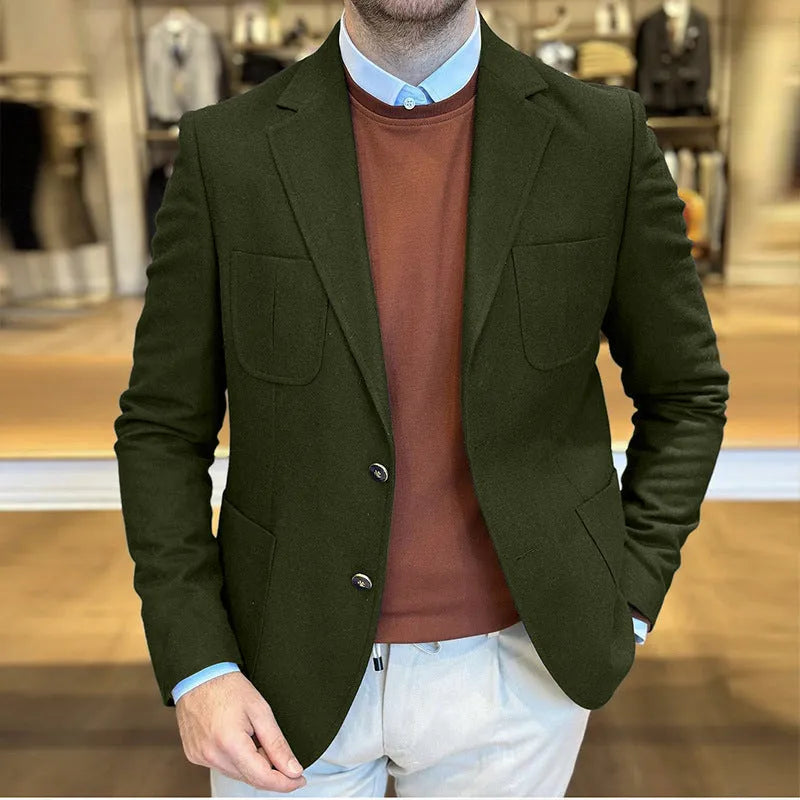 Men's loose-fit cotton tailored blazer in Army Green on a hanger