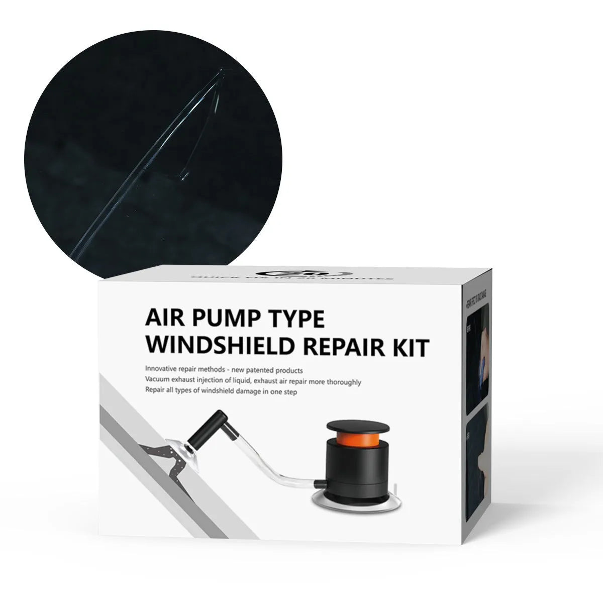 Car windshield crack repair kit showing plastic tool and glass corrector solution bottle