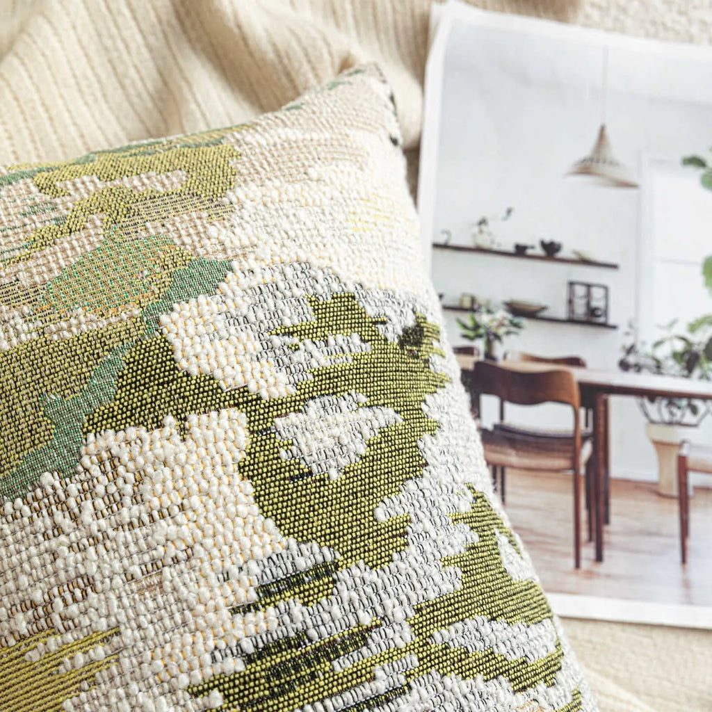 Abstract floral pattern pillow with French antique style in spring green wool blend feather velvet fabric