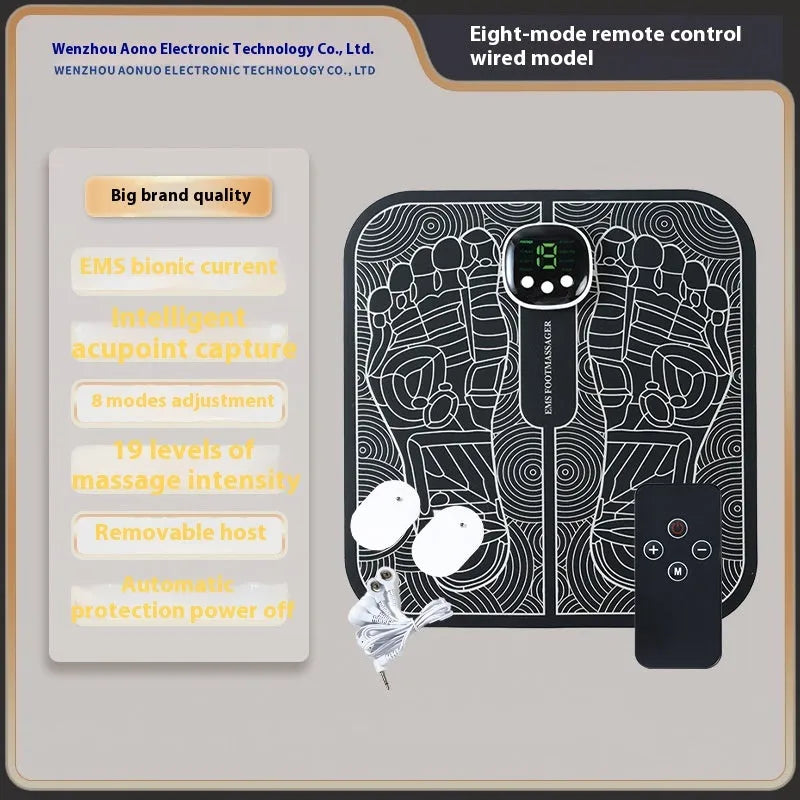 USB rechargeable reflexology foot massager mat with remote control on a wooden floor