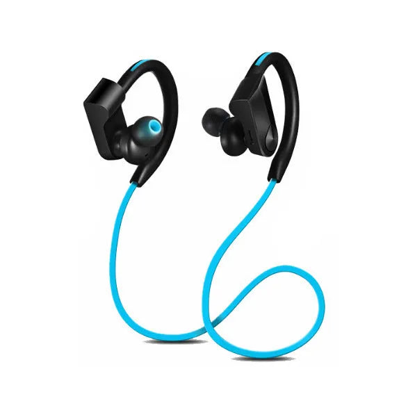 Wireless neckband Bluetooth earphones in black, blue or red colours showing neckband design and earbuds