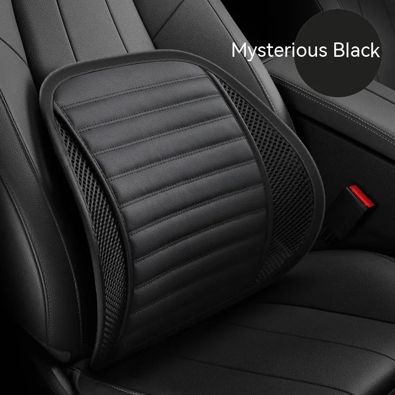 Leather car lumbar support waist back cushion pillow shown in different colours.