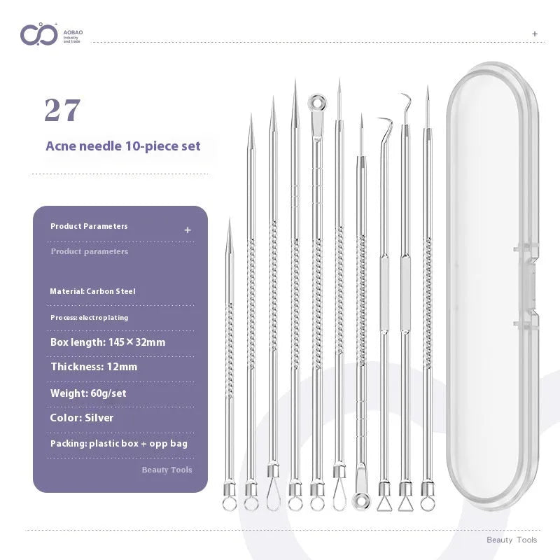 Four silver metal acne needles with pointed tips for skincare extraction.