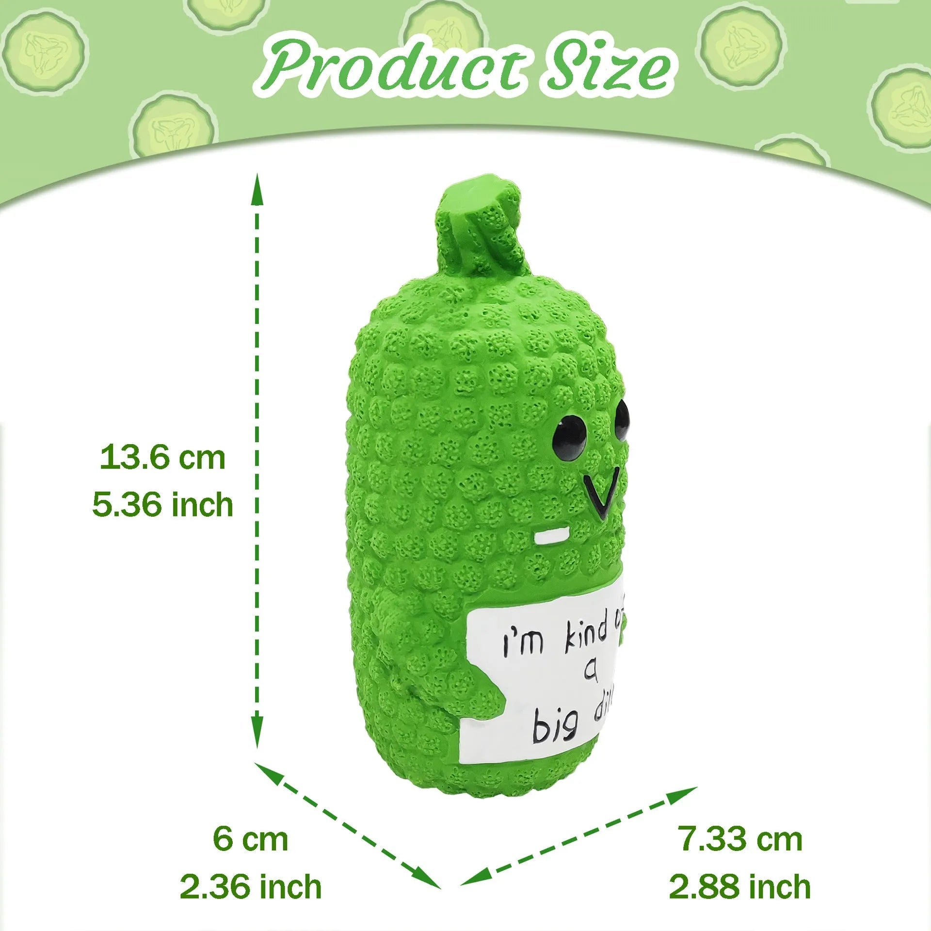 Green latex pickle-shaped dog chew toy with textured surface and squeaker