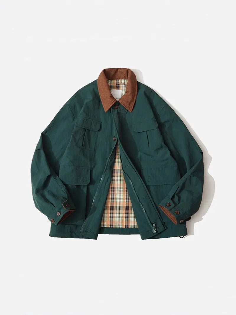 Green and apricot casual jacket with side seam pockets, long sleeves, and solid pattern