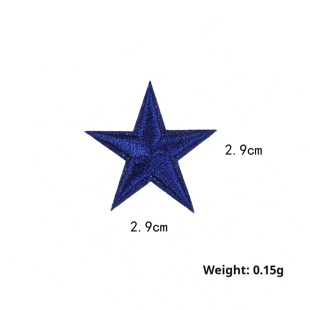 Colourful embroidered five-pointed star designs on cloth sticker labels for DIY clothing customisation.