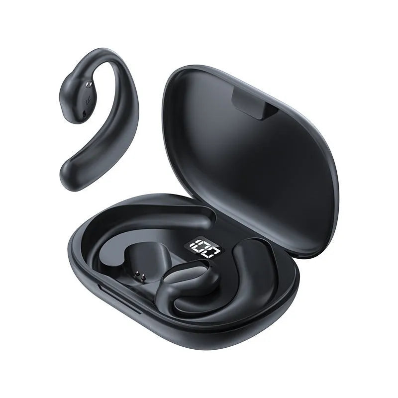 Black and white ear-mounted Bluetooth headset with digital display screen on the side