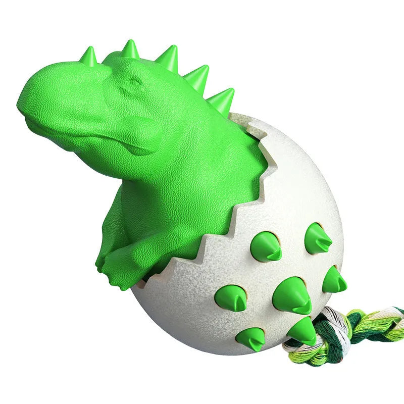 Blue dinosaur-shaped dog chew toy with rope element for aggressive chewers