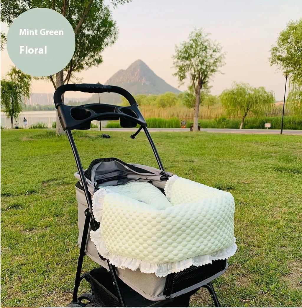 Pure cotton pet stroller set with towel, cushion and pillow in floral pattern
