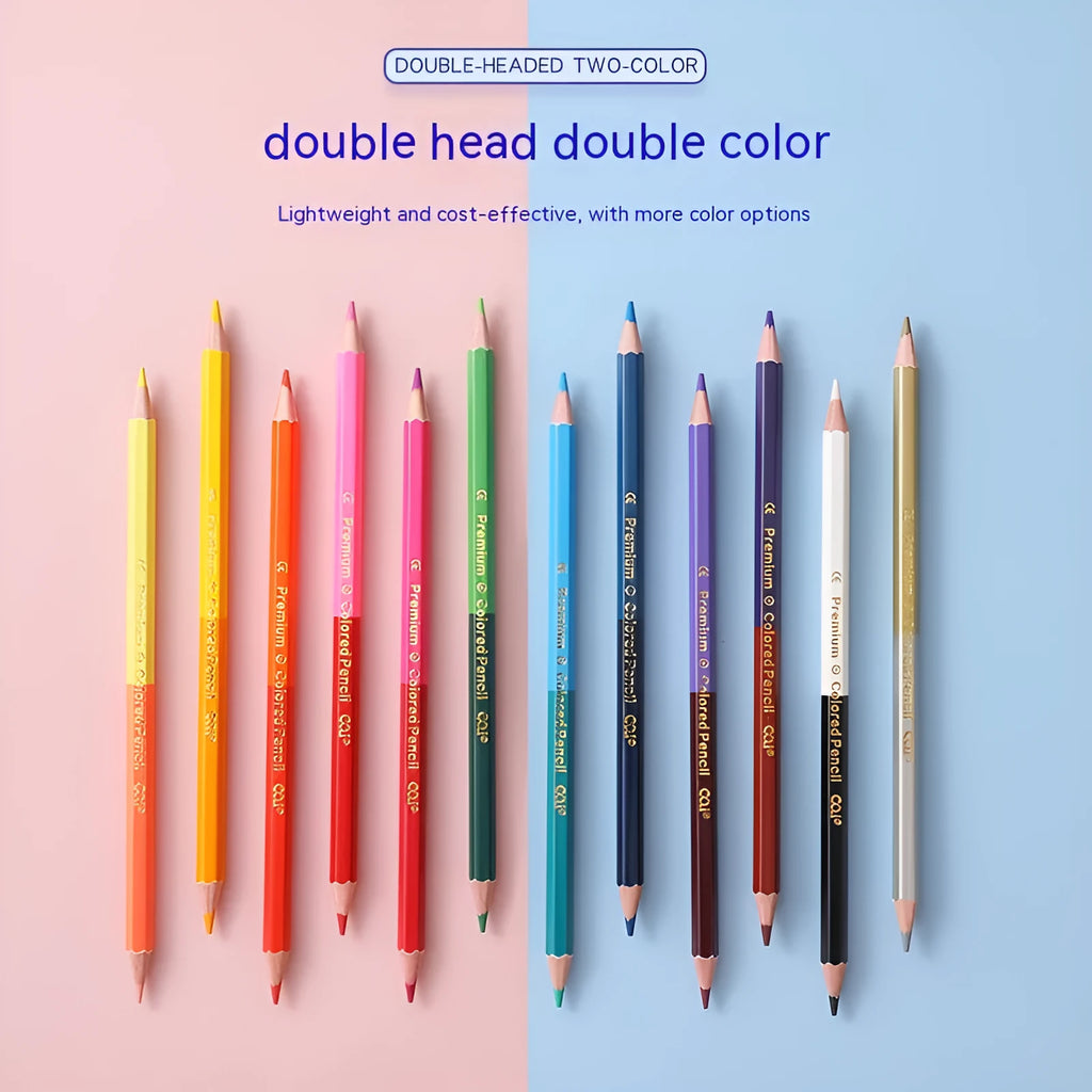 Double-headed colour pencil set in wooden case showing 12-piece and 6-piece configuration options