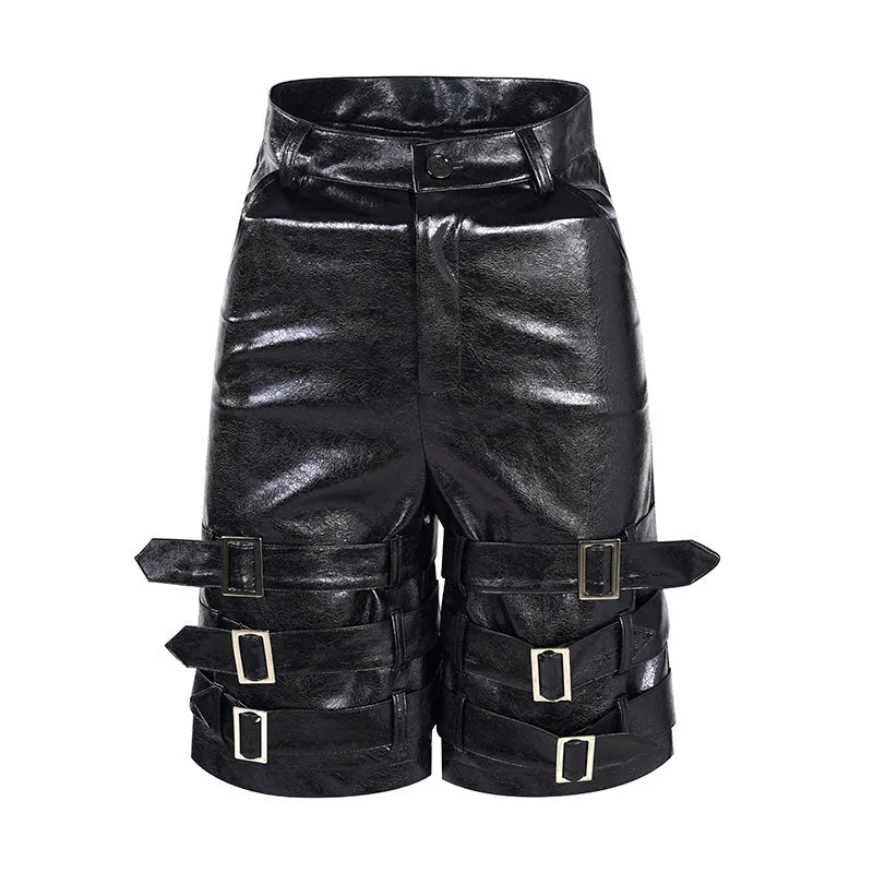 Men's black casual cropped pants with leather ring detailing on PU leather sections