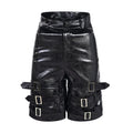 Men's black casual cropped pants with leather ring detailing on PU leather sections