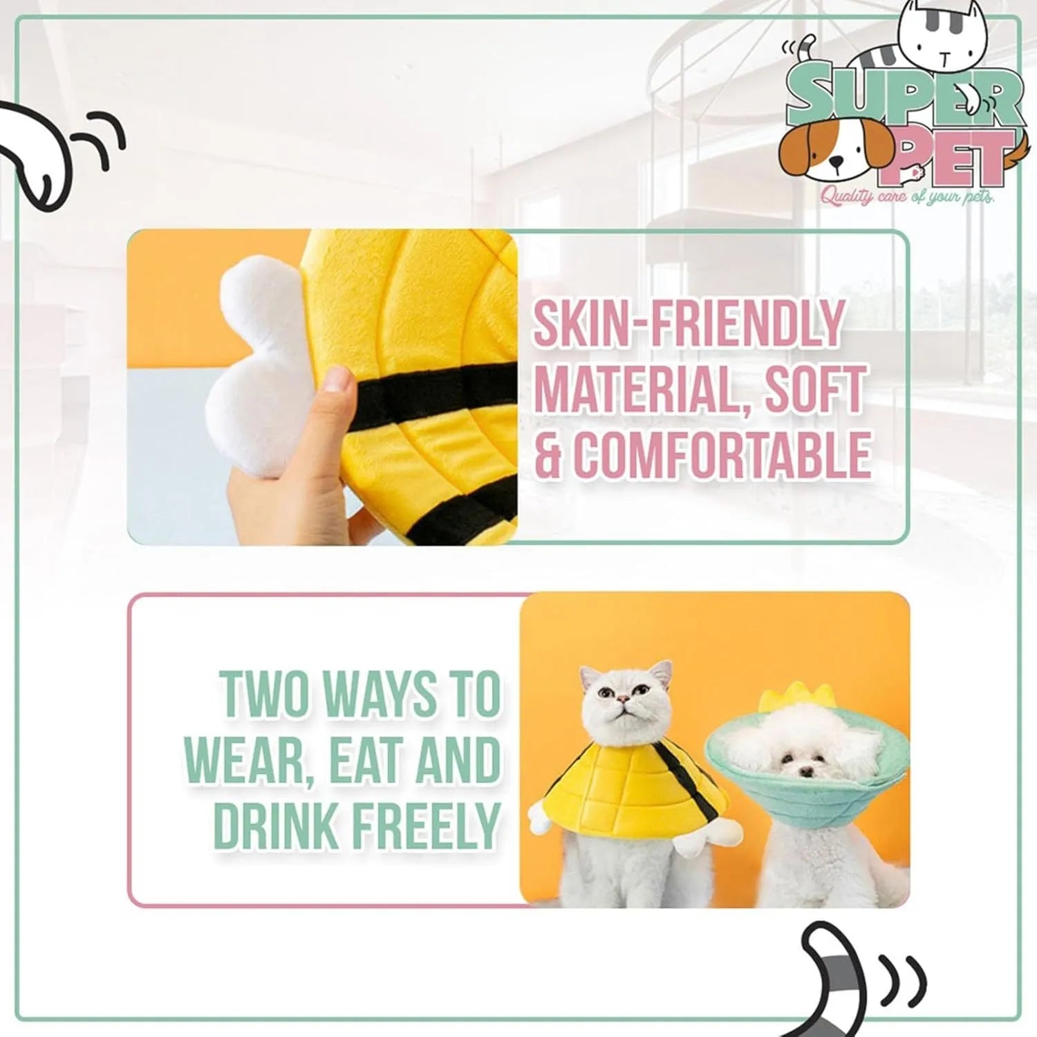 Soft bee design cat cone collar with adjustable Velcro closure for pet protection