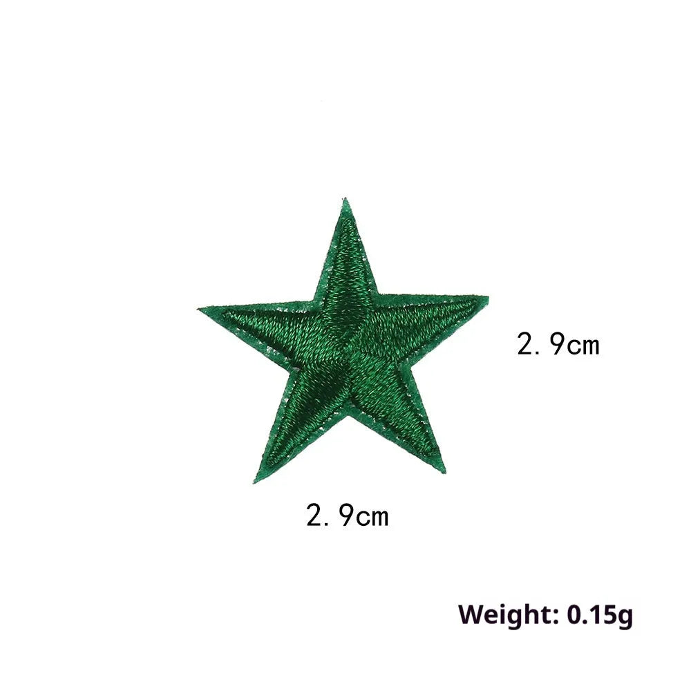 Colourful embroidered five-pointed star designs on cloth sticker labels for DIY clothing customisation.