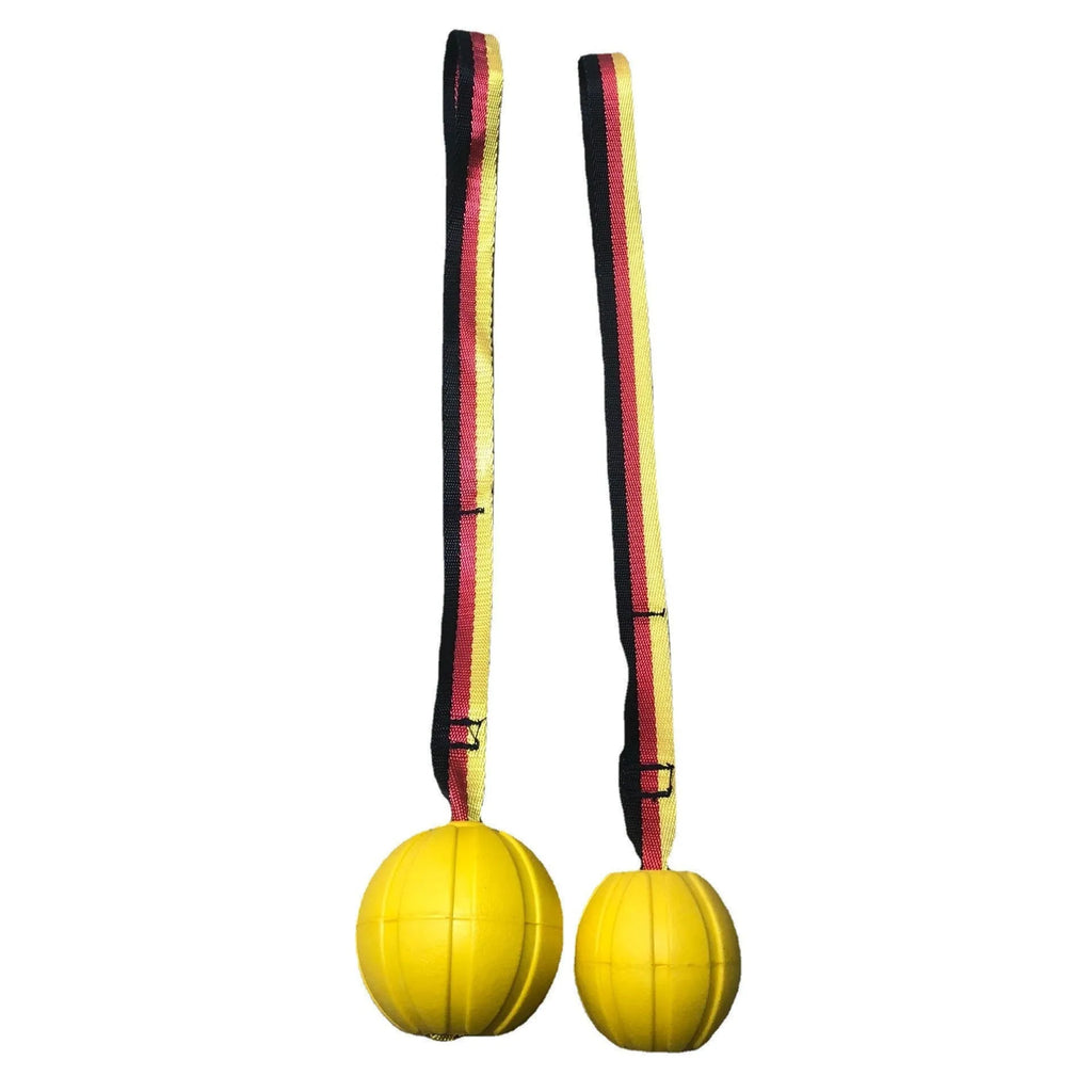 Floating camouflage and yellow EVA pet training ball with knotted tether in three diameter sizes for water retrieval
