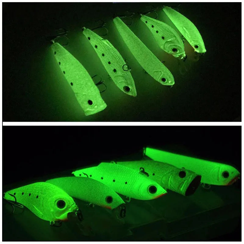 Five 3D fluorescent hard fishing lures with submerged luminous finish in mixed colours