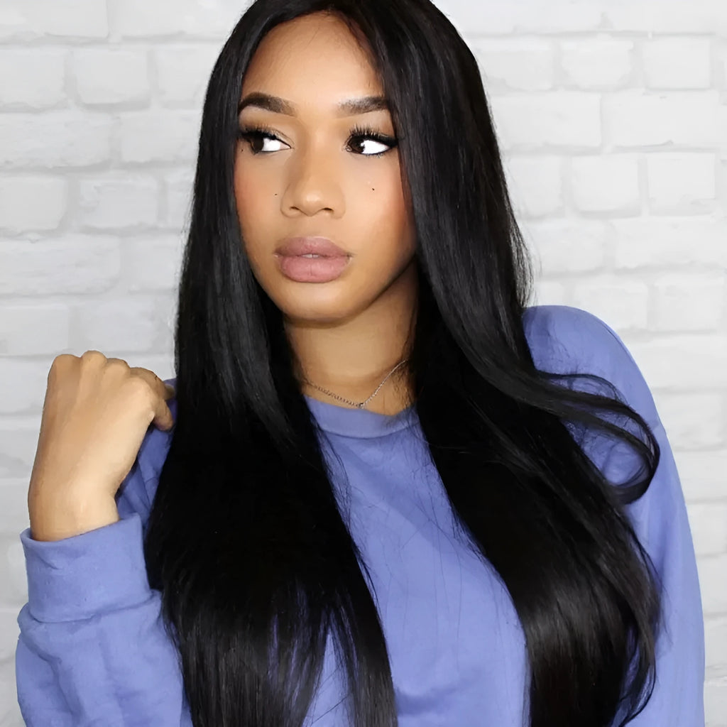 Black long straight wig with centre-parted bangs made from high-temperature fibre
