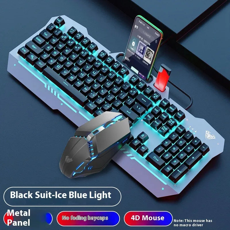 F3010 black and white metal gaming keyboard, mouse, and headset bundle with single-colour LED backlighting.