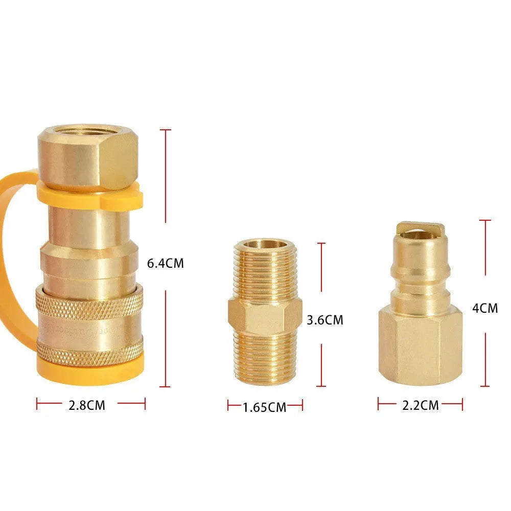 Gold-coloured brass 3/8 gas tank connector for propane conversion with American standard thread