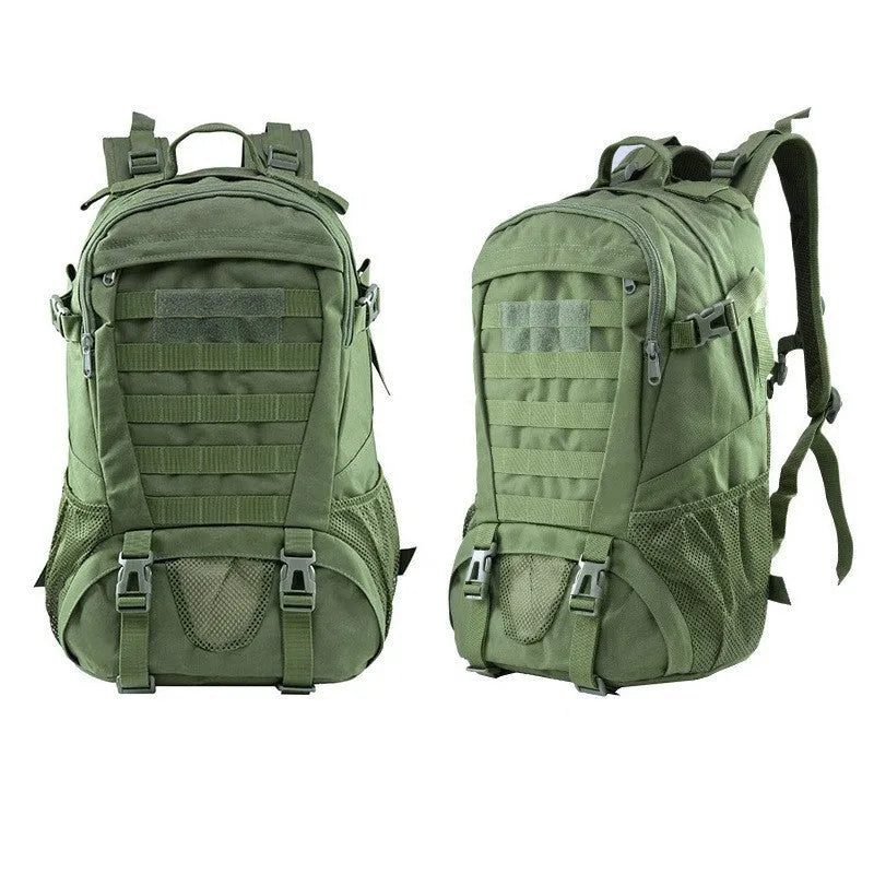 Outdoor mountaineering backpack in Oxford cloth with air pillow belt system shown in camouflage colour