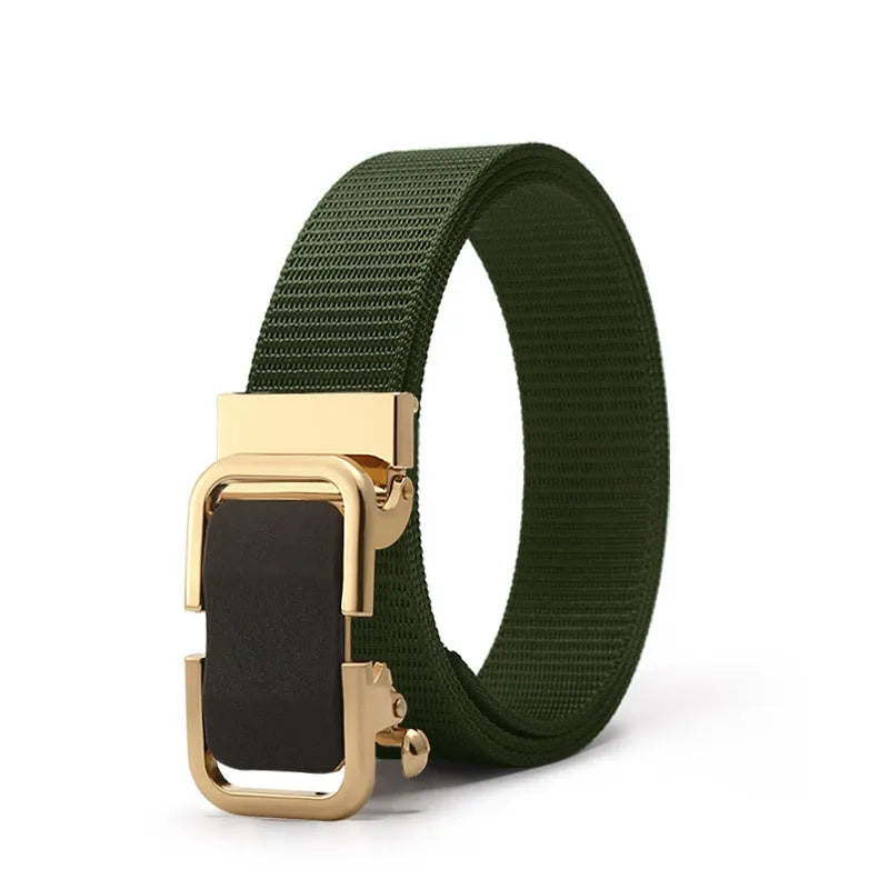 Men's nylon canvas belt in army green with an alloy buckle, laid flat showing 120cm length.