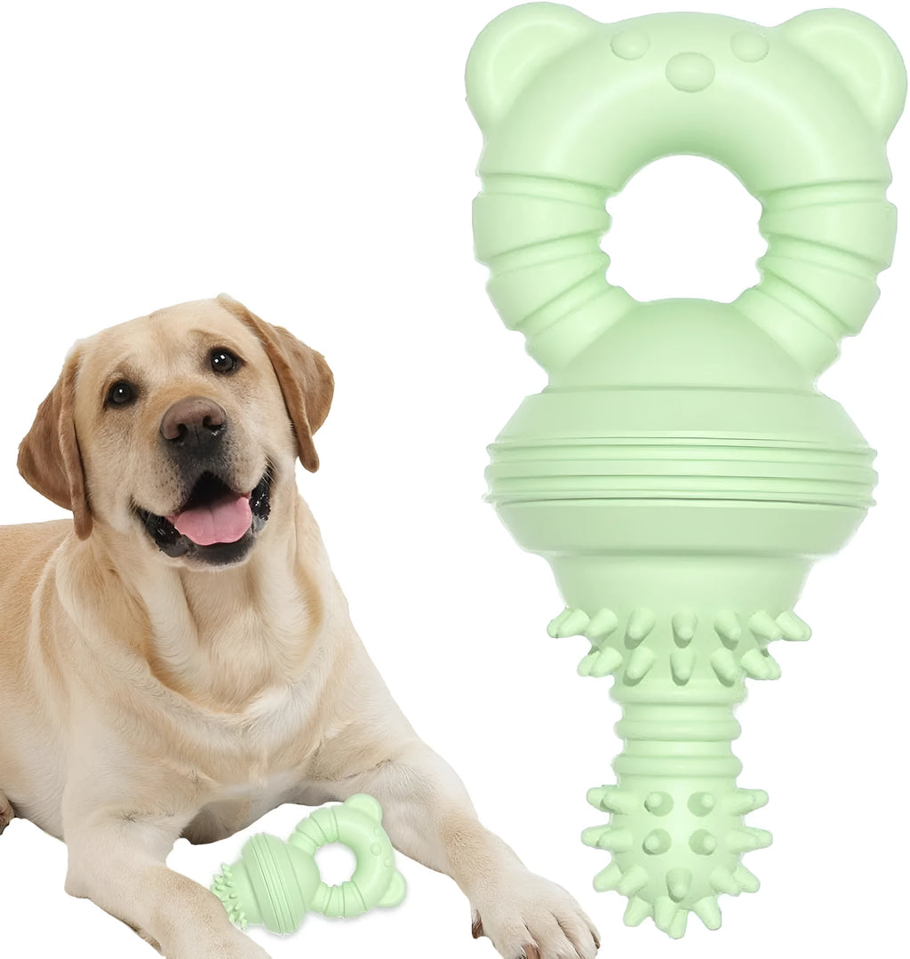 Blue rubber dog chew toy with textured surface and bell inside, shown next to a tape measure indicating 13.5cm diameter.