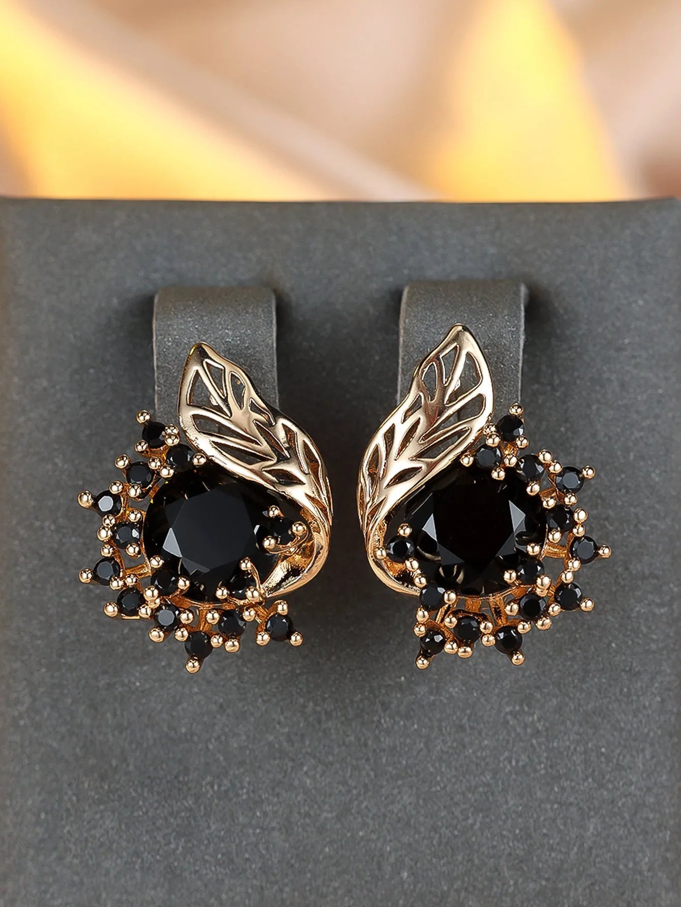 Round flowers feather zircon earrings in rose gold electroplated finish with multiple diamond colour options