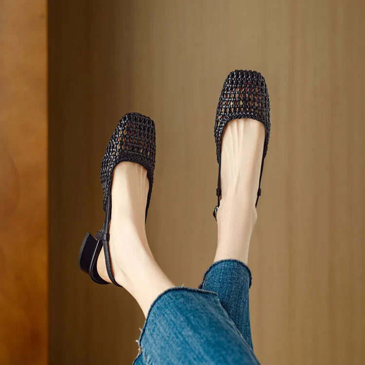 Women's woven hollow-out sandals with chunky heel and adjustable buckle in beige colour
