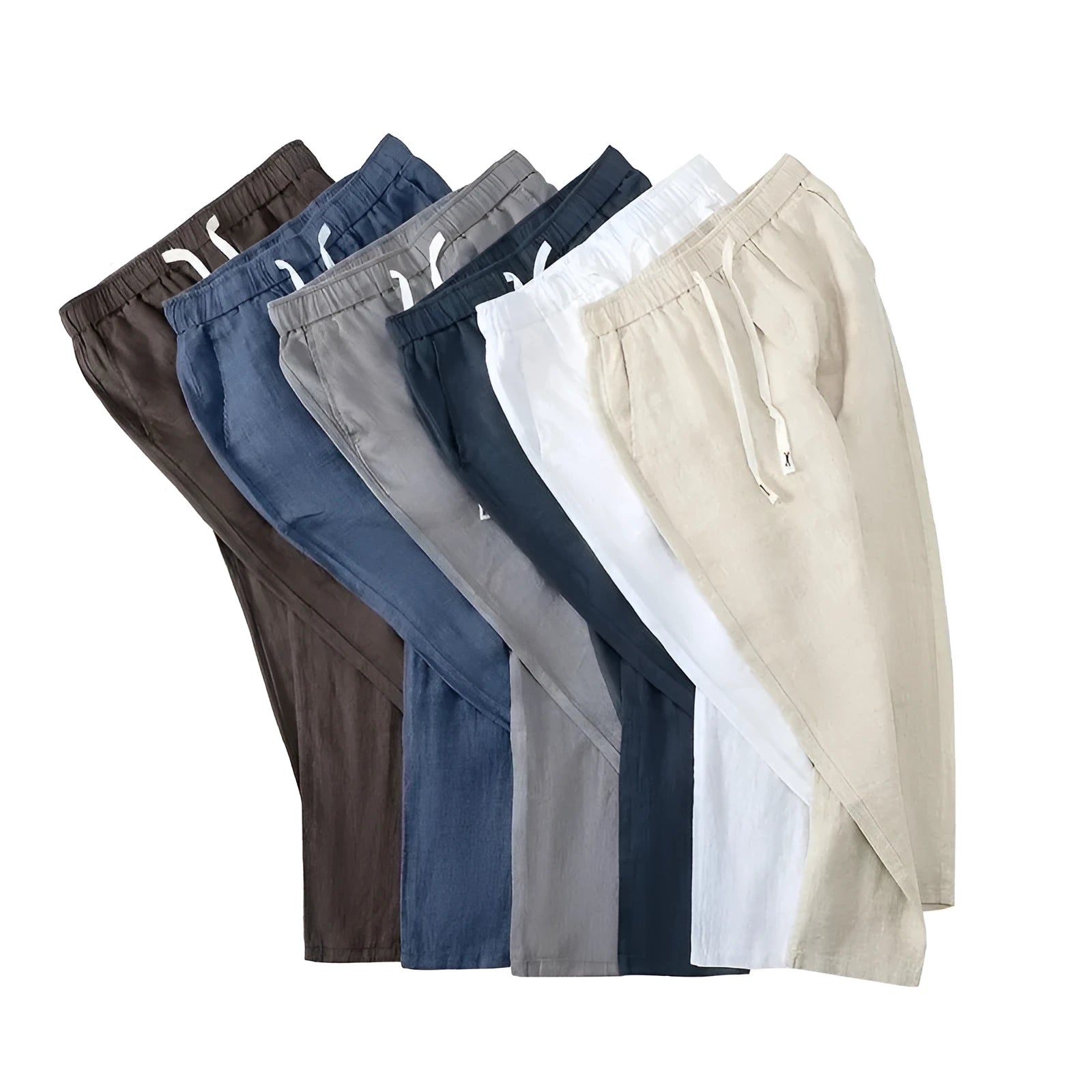 Man wearing apricot-coloured straight leg linen trousers with a drawstring waist.