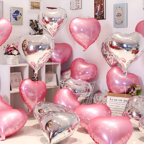 Pack of five sparkling peach heart-shaped aluminium balloons in red, blue, rose and silver colours.